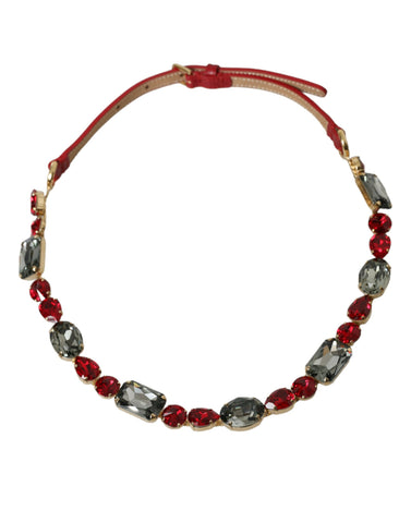 Dolce & Gabbana Red Leather Crystal Chain Waist Belt