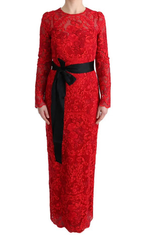 Red Floral Ricamo Sheath Long Dress Dolce & Gabbana