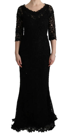 Black Floral Ricamo Sheath Long Dress Dolce & Gabbana