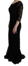 Black Floral Ricamo Sheath Long Dress Dolce & Gabbana