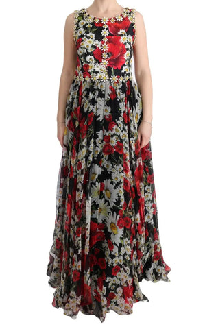 Multicolor Silk Floral Crystal Long Maxi Dress Dolce & Gabbana
