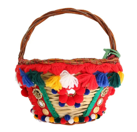 Multicolor AGNESE Straw Crystal  Pom Pom Bag Dolce & Gabbana