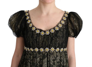 Black Yellow Crystal Lace Shift Dress Dolce & Gabbana