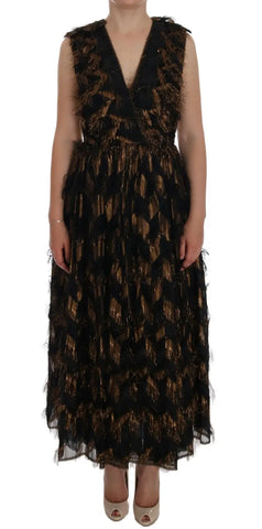 Black Silk Brown Fringes A-Line Dress Dolce & Gabbana