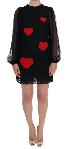 Black Lace Red Heart Shift Dress Dolce & Gabbana