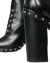 Dolce & Gabbana Black Leather Studded Lace Up Boots Shoes