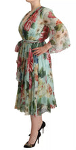 Dolce & Gabbana Green Floral Long Sleeve V-neck Midi Dress