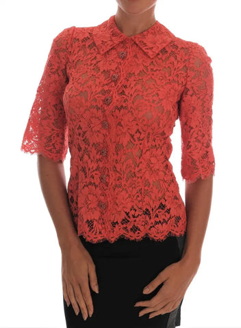 Orange Crystal Buttons Floral Lace Blouse Dolce & Gabbana