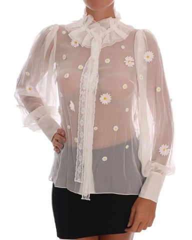 White Daisy Applique Silk Shirt Dolce & Gabbana