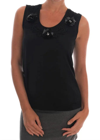 Black Cotton Floral Crystal Tank Top Dolce & Gabbana