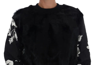 Black Fur Floral Brocade Zipper Sweater Dolce & Gabbana
