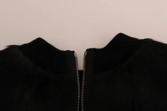 Black Fur Floral Brocade Zipper Sweater Dolce & Gabbana