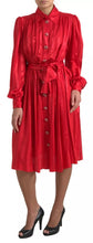 Red Button Down Belted Midi Satin Silk Dress Dolce & Gabbana