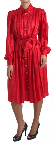 Red Button Down Belted Midi Satin Silk Dress Dolce & Gabbana