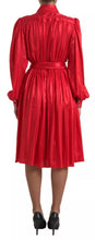 Red Button Down Belted Midi Satin Silk Dress Dolce & Gabbana