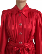 Red Button Down Belted Midi Satin Silk Dress Dolce & Gabbana