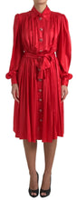 Red Button Down Belted Midi Satin Silk Dress Dolce & Gabbana