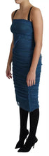 Dolce & Gabbana Blue Draped Tulle Midi Sheath Cotton Dress