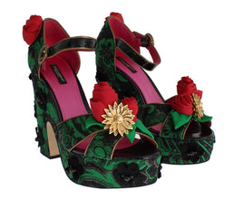 Green Brocade Snakeskin Roses Crystal Shoes Dolce & Gabbana