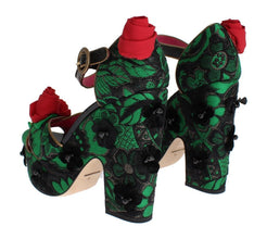 Green Brocade Snakeskin Roses Crystal Shoes Dolce & Gabbana