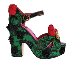 Green Brocade Snakeskin Roses Crystal Shoes Dolce & Gabbana