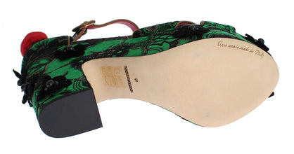 Green Brocade Snakeskin Roses Crystal Shoes Dolce & Gabbana