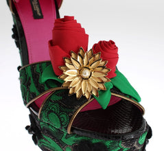 Green Brocade Snakeskin Roses Crystal Shoes Dolce & Gabbana