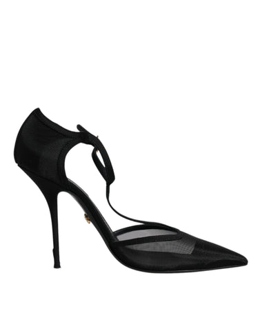 Dolce & Gabbana Black Mesh T-strap Stiletto High Heels Shoes