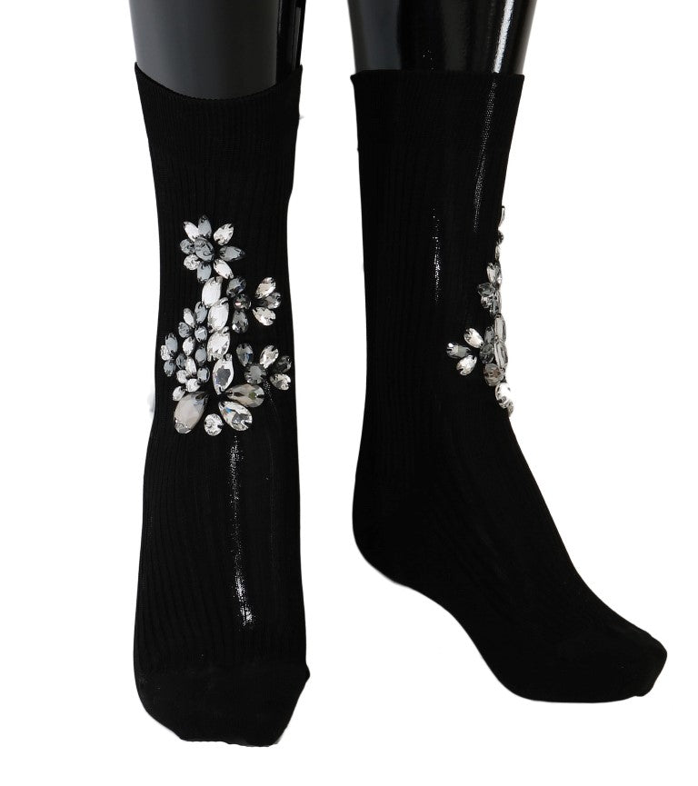 Black Knitted Floral Clear Crystal Socks Dolce & Gabbana
