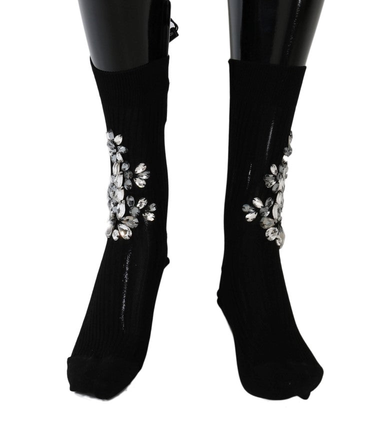 Black Knitted Floral Clear Crystal Socks Dolce & Gabbana