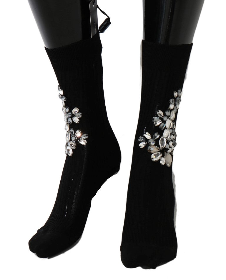 Black Knitted Floral Clear Crystal Socks Dolce & Gabbana