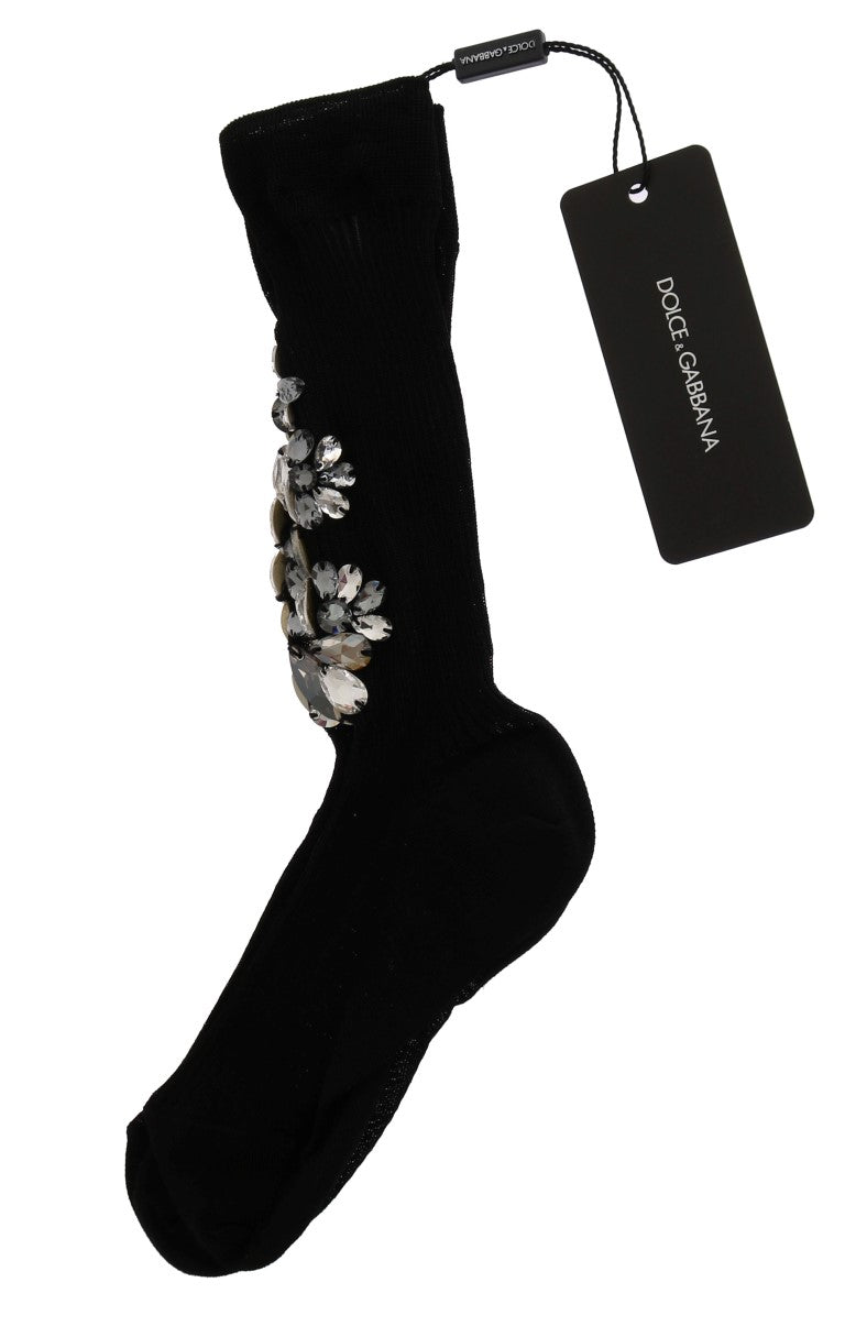 Black Knitted Floral Clear Crystal Socks Dolce & Gabbana