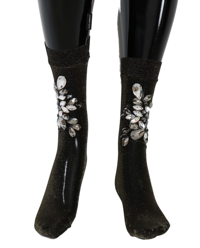 Black Stretch Floral Clear Crystal Socks Dolce & Gabbana