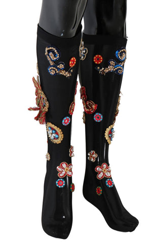 Black Stretch Carretto Crystal Socks Dolce & Gabbana