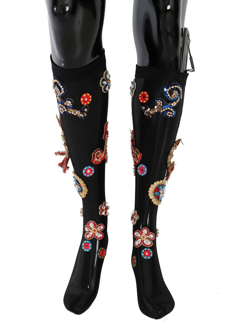 Black Stretch Carretto Crystal Socks Dolce & Gabbana