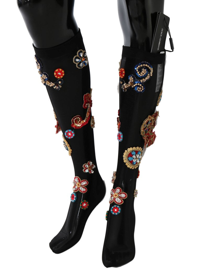Black Stretch Carretto Crystal Socks Dolce & Gabbana