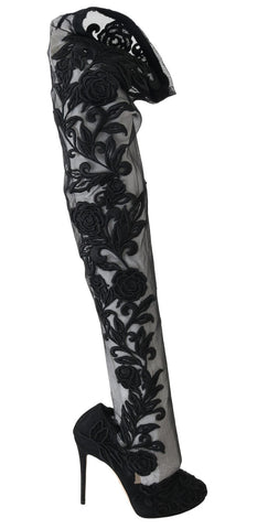 Black Floral Embroidered Socks Boots Dolce & Gabbana