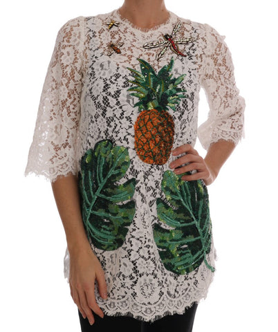 White Crystal Embellished Lace Blouse Dolce & Gabbana
