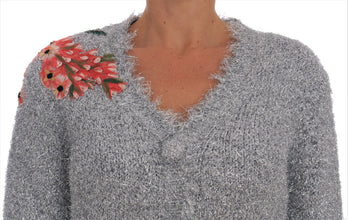 Silver Cardigan Floral Applique Sweater Dolce & Gabbana
