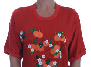 Red Silk Oranges Floral Crystal Blouse Dolce & Gabbana