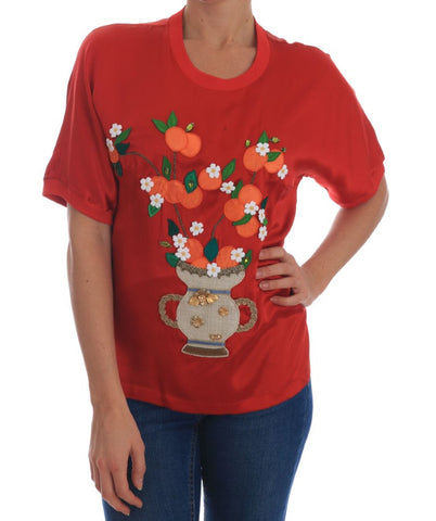 Red Silk Oranges Floral Crystal Blouse Dolce & Gabbana