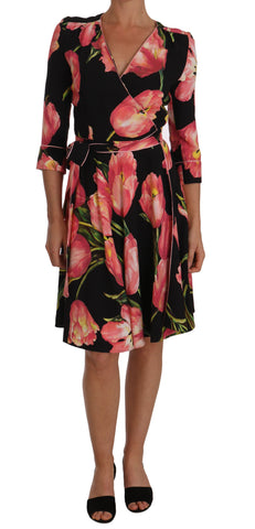 Black Pink Tulip Print Stretch Shift Dress Dolce & Gabbana