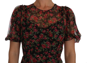Black Floral Roses A-Line Shift Gown Dolce & Gabbana