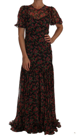 Black Floral Roses A-Line Shift Gown Dolce & Gabbana