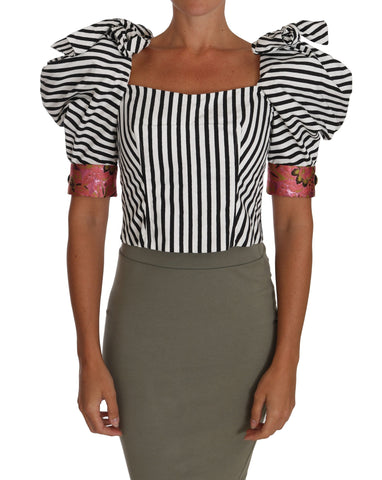 White Black Striped Cropped Top Puff Sleeve Shirts Dolce & Gabbana