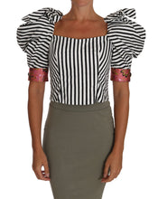 White Black Striped Cropped Top Puff Sleeve Shirts Dolce & Gabbana