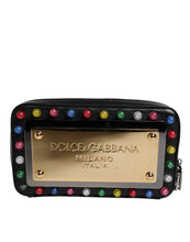 Dolce & Gabbana Black Leather LED Logo Wrist Strap Clutch Bag