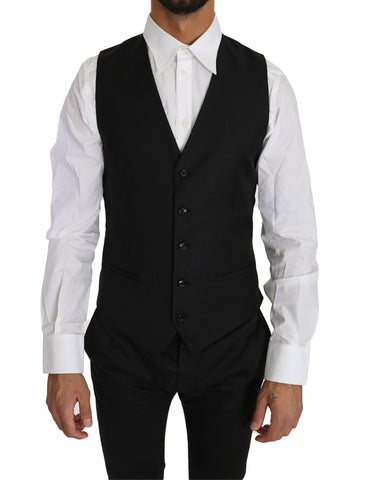 Black Solid Wool Silk Waistcoat Vest Dolce & Gabbana