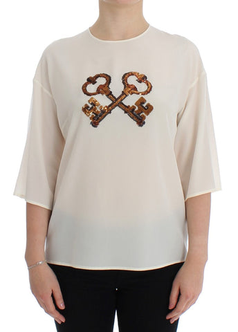 White Sequined Key Silk Blouse T-shirt Top Dolce & Gabbana
