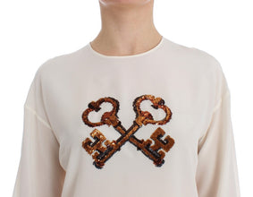 White Sequined Key Silk Blouse T-shirt Top Dolce & Gabbana